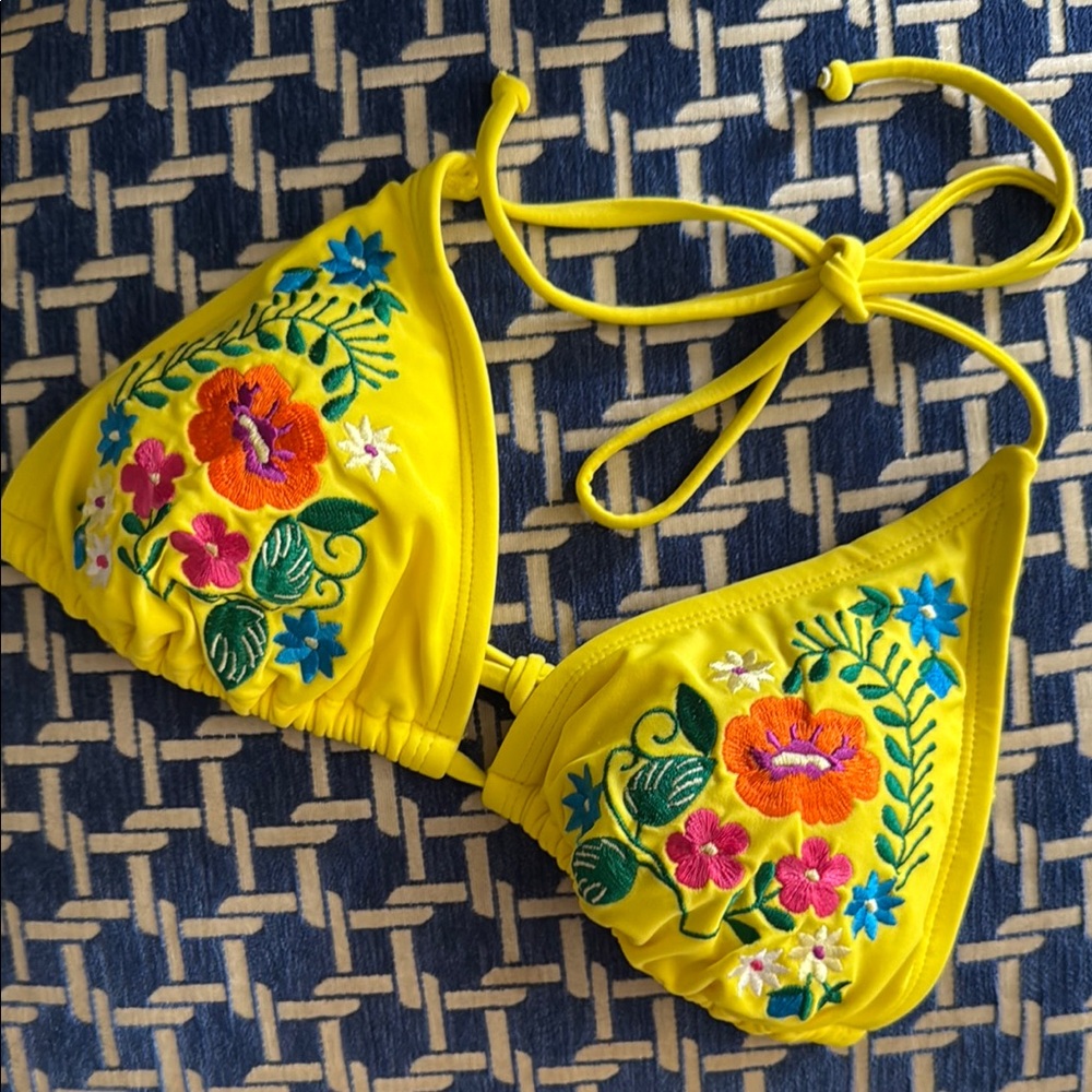 Xhilaration Yellow Floral Embroidery Bikini Top
